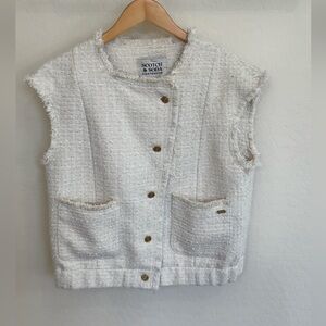Scotch & Soda Women’s Frayed Tweed Collarless Cropped Cream Vest Size Large